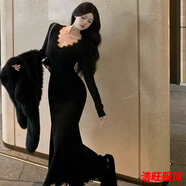 口旋秋冬拼接長袖魚尾連衣裙打底黑色蕾絲收腰修身氣質(zhì)裙子名媛長裙 黑色/蕾絲邊包臀長裙 優(yōu)質(zhì)量 L 建議105-115斤