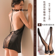 Mirza Mirror法國性感睡衣女夏蕾絲冰絲誘惑私房情趣火辣內衣吊帶睡裙露背床上短裙家居服 黑色 （睡裙+） 155(S) 推薦80-100斤