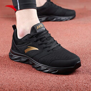 安踏男鞋運動(dòng)鞋冬季革面保暖防潑水男士軟底輕便跑步鞋旅游休閑慢跑鞋 (網(wǎng)面透氣)黑/金屬金-10 43 (270mm)
