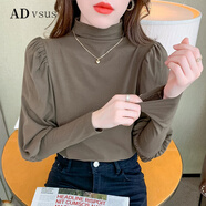 香港潮牌ADVSUS官方法式泡泡袖上衣春秋裝新款韓版百搭半高領(lǐng)長(cháng)袖T恤秋季內搭打底衫 卡其色 L 101-110斤