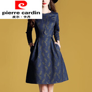 皮爾卡丹（pierre cardin）專柜春秋季新款長袖印花連衣裙女圓領(lǐng)修身顯瘦中長款打底裙A字裙 8737 S