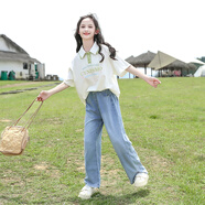 歐穎慕女童運動套裝夏裝潮中大童女裝夏季9兒童T恤牛仔褲兩件套女孩衣服 套裝(短袖+褲子) 160cm(160cm)