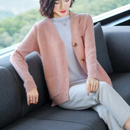 歌米拉 粗線毛衣外套短款春秋外搭披肩春裝新款小個(gè)子女裝針織衫女開衫 粉色 L
