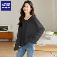 羅蒙（ROMON）夏季鏤空針織衫女短款夏裝時(shí)尚新款薄款長(cháng)袖上衣打底衫寬松蝙蝠衫 碳灰 均碼