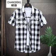 暢登格子襯衫男薄款短袖衫衣夏季學(xué)生男士修身休閑襯衫韓版潮流襯衫男 字母黑白格子 L