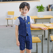 蘿卜唄唄 新款兒童西裝校服男童女童禮服花童西服套裝六一兒童節(jié)演出服表演服班服幼兒園畢業(yè)服主持人服正裝 男童六件套（馬甲+襯衫+短褲+領(lǐng)帶+胸標+襪子） 130cm建議體重43-50斤