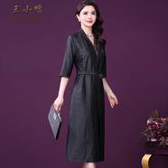 王小鴨正宗復古香云紗氣質(zhì)連衣裙女新款黑色龜紋顯瘦裙子