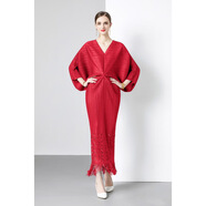 褶皺2024時(shí)尚寬松蝙蝠袖v領(lǐng)顯瘦魚(yú)尾流蘇鏤空長(cháng)裙連衣裙氣質(zhì)燒花 紅色 均碼