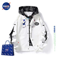 NASA LIKE官方外套男春秋季假兩件連帽夾克男士休閑棒球服寬松工裝沖鋒上衣 白色 XL （建議120-140斤）