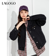 LAGOGO黑色翻領(lǐng)牛仔短外套女拉谷谷春秋新款休閑顯瘦通勤繡花上衣 牛仔黑(W0) M