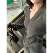 蘭伶坊灰色v領低領內(nèi)搭打底衫女秋冬修身緊身長袖針織開衫羊毛毛衣上衣 灰色深v領辣妹純欲風設計感小眾女士別致漂亮小個子秋 S推薦8095斤