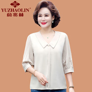 俞兆林（YUZHAOLIN）媽媽裝七分袖翻領(lǐng)上衣寬松顯瘦中老年女中袖T恤色韓版雪紡襯衫 米色 XL 參考90-105斤