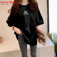 LOVER RUCCI法國短袖t恤女純棉2025新款夏季寬松歐貨大版中長款體恤簡約上衣 黑色(M字母) 3XL 適合160-180斤