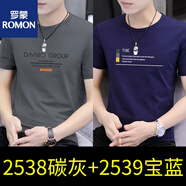 羅蒙男裝圓領短袖T恤男士潮牌2025新款男裝夏季純棉半袖打底衫上衣服 高端品牌2538碳灰色+2539寶藍色+高檔品牌 2XL 【建議145-160斤】+高檔品牌