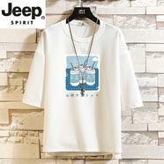 JEEP SPIRIT吉普男士七分袖T恤夏季潮流百搭休閑7分袖體恤簡約胖子大碼寬松 DQ21122白色 XL 130至145斤可穿