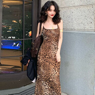 為知樹歐美ins風性感辣妹豹紋掛脖吊帶裙街頭復古港風露背魚尾長裙 增豹紋+ M