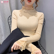 新款2021波點(diǎn)蕾絲長袖針織女士半高領(lǐng)套頭毛衣修身打底衫上衣女 杏色 S