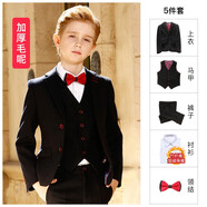 BOERSS兒童小西裝套裝男童西服花童禮服走秀主持演出服加厚毛呢秋冬 黑毛呢5件套：3件套+絨襯衫+領(lǐng)結(jié) 135碼 身高130-135cm 重51-56斤
