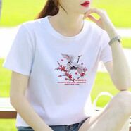 寵琳純棉短袖t恤女2025春季新款寬松顯瘦套頭圓領(lǐng)上衣潮流時尚體恤衫 紅花鶴 M 建議100-115斤