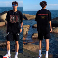 POUM復(fù)古美式重磅純棉短袖t恤男春夏季高街嘻哈五分半袖休閑男裝上衣 LJWP-G194黑色 4XL