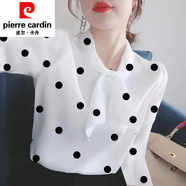皮爾卡丹長袖T恤襯衫女媽媽春秋裝超仙法式小眾洋氣寬松檔次遮肚女上衣女 白色【長袖圓點】 2XL [建議120-135斤]
