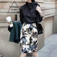 SHIROMA印花包臀裙女士一步裙春裝女裝輕熟開(kāi)叉高腰直筒半身裙短裙子 圖片色 L
