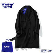 WASSUP HERMU風(fēng)衣男春秋季美式復(fù)古雙排扣加厚中長(zhǎng)上衣休閑寬松設(shè)計(jì)感男女外套 黑色 L（建議110-130斤）