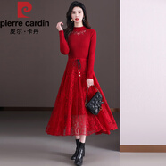 皮爾卡丹（pierre cardin）蕾絲長(cháng)款羊|毛連衣裙秋裝新款女士針織毛|衣打底衫配大|衣蕾絲裙 紅色 蕾絲領(lǐng) XL