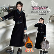 忙忙熊女童加絨牛仔半身裙套裝秋冬裝新款中大童假兩件拼接加厚冬款裙子 黑色 加厚 兩件套 130cm