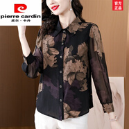 皮爾卡丹（pierre cardin）漂亮減齡雪紡碎花襯衫女2026年秋裝新款長(cháng)袖襯衣媽媽小衫洋氣上衣 圖片色 XL115-125斤