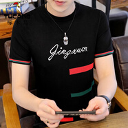 啄木鳥(niǎo) 短袖男士T恤ins潮流冰絲半袖新款夏季帥氣男裝衣服針織衫體 1823-黑色 XL