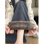 棉致加絨加厚羊羔絨顯瘦闊腿褲子女秋冬季寬松直筒休閑褲女高腰棉褲 150深灰色【高品質(zhì)33.5】 L 85-110斤