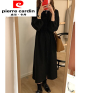 皮爾卡丹（pierre cardin）赫本小黑裙黑色襯衫裙法式復(fù)古長款打底內(nèi)搭雪紡九分袖連衣裙女秋 黑色 厚款斜紋磨毛 XS