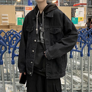 地潮男高街bf情侶裝牛仔外套男春季潮流痞帥寬松休閑日系原宿風(fēng)工裝夾克 黑色 2XL