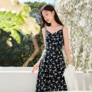 香影（xiangying）黑色碎花吊帶連衣裙女2025春夏新款海邊度假無(wú)袖內搭雪紡裙子 黑色 S