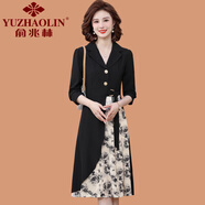 俞兆林（YUZHAOLIN）中年媽媽春秋長(zhǎng)袖連衣裙拼接長(zhǎng)裙洋氣寬松中老年女裝新款氣質(zhì)裙子 黑色 5XL (參考145-160斤)