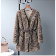 皮爾卡丹（pierre cardin）羊剪絨羊羔毛外套女v領(lǐng)顆粒中長(zhǎng)款2023新款皮毛一體大衣皮草外套 瑞木灰 L 115-130斤