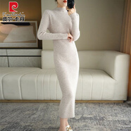 皮爾卡丹（pierre cardin）秋冬款羊毛連衣裙修身包臀超長(cháng)款毛衣針織打底過(guò)膝緊身羊毛長(cháng)裙子 奶駝色 L