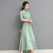 瑤益改良旗袍裙2025夏女裝修身中國(guó)風(fēng)復(fù)古立領(lǐng)氣質(zhì)蕾絲長(zhǎng)款短袖連衣裙 綠色 2XL