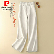 皮爾卡丹（pierre cardin）棉麻闊腿褲女高腰垂感長(cháng)褲亞麻寬松休閑2024新款春夏薄款直筒褲子 米白色長(cháng)款 XL:120-130