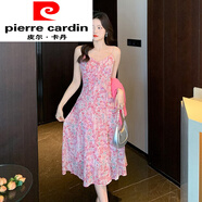 皮爾卡丹（pierre cardin）海邊度假性感v領(lǐng)抹胸雪紡長(zhǎng)裙女夏季新款甜美減齡碎花吊帶連衣裙 粉紅色 2XL
