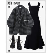 宛四微胖女裝顯瘦套裝秋冬季胖子穿搭一整套女胖妹妹冬裝大碼毛呢外套 灰色外套+黑色連衣裙【兩件套】 2XL【建議140-160斤】