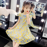 拙拙豬女童夏裝連衣裙2025新款兒童裝漢服女孩夏季洋氣網(wǎng)紅蕾絲旗袍裙子 黃色 130碼適合身高115cm-125cm