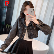 皮爾卡丹網(wǎng)紅炸街黑色外套女春裝2024新款韓版百搭短款高腰小個(gè)子上衣 灰色 S建議80-95斤