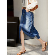 笑涵閣【獨特染色水洗牛仔工藝】ins博主街拍前開(kāi)衩牛仔半身裙 懷舊藍 XL