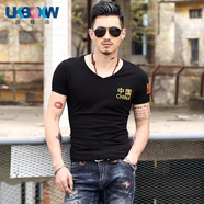 XQBKUW刺繡中國軍迷裝男迷彩服作訓練緊身短袖T恤衫體能半袖夏裝 V·領(lǐng)中國黑 XL (120-135斤)