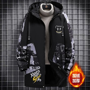 阿雷沃潮牌中長(cháng)款風(fēng)衣外套男春秋冬季大碼加絨連帽外套男學(xué)生涂鴉外套男 N89黑色加絨(秋冬款) XL(168-176cm 120-140斤)