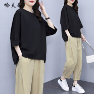 哈夫朵短袖T恤女新款夏季休閑套裝時(shí)尚寬松潮流韓版港味上衣洋氣減齡ins 5036黑色上衣 XL 【建議110-130斤】