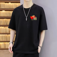 萊姆斯丁純棉五分袖t恤新款夏季國(guó)潮學(xué)生潮牌寬松男裝半袖落肩t恤衫上衣 國(guó)旗燙金小標(biāo) 黑色大落肩 L 小碼80-140斤