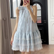 SEMALAM吊帶裙無(wú)袖連衣裙子薄荷藍蝴蝶歐根紗蕾絲花邊掛脖2024夏季新款 蝴蝶結娃娃裙 XS
